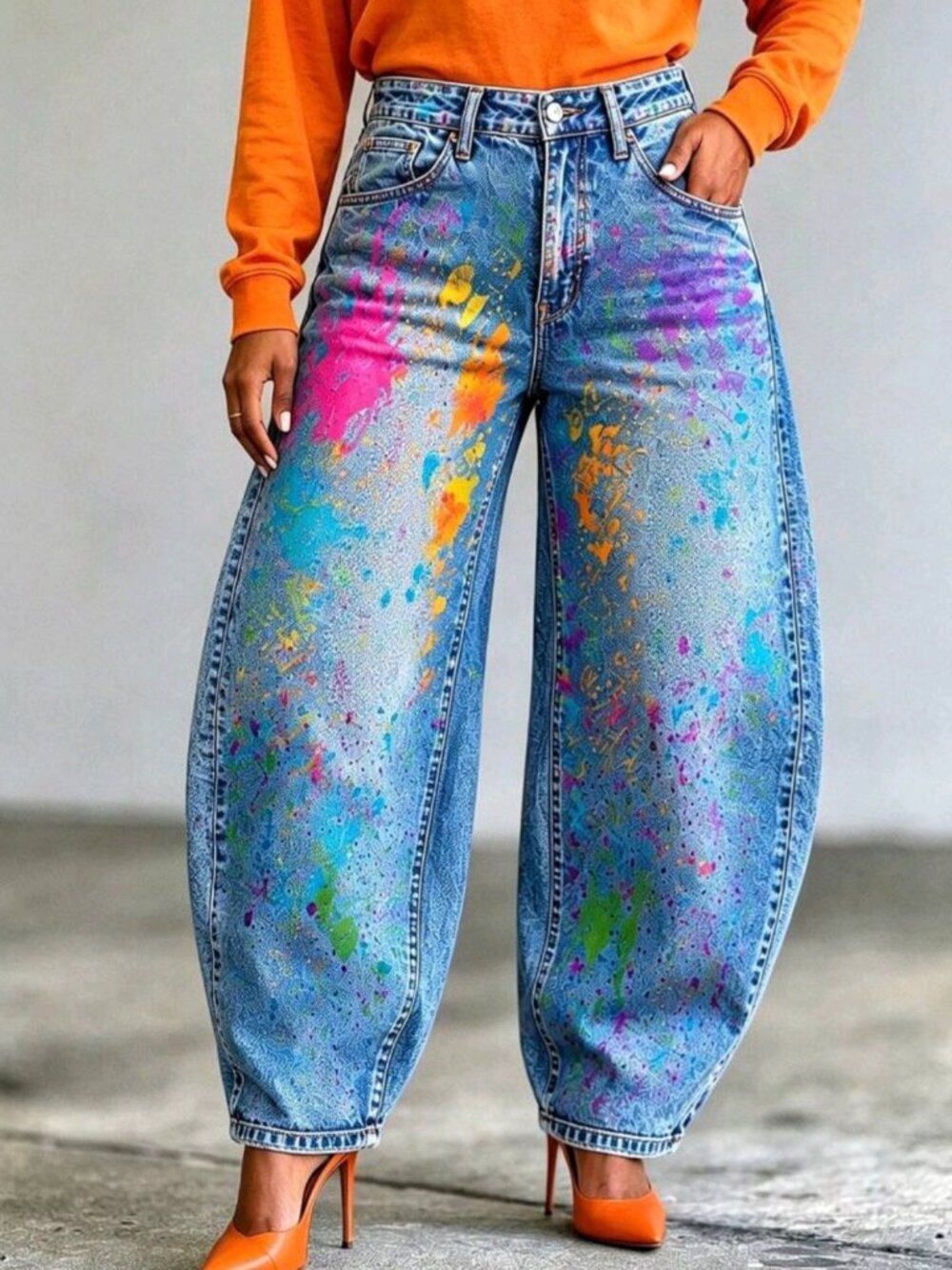 Women Rainbow Paint Splatter Barrel Jeans, High Waist Light Wash Loose Curved